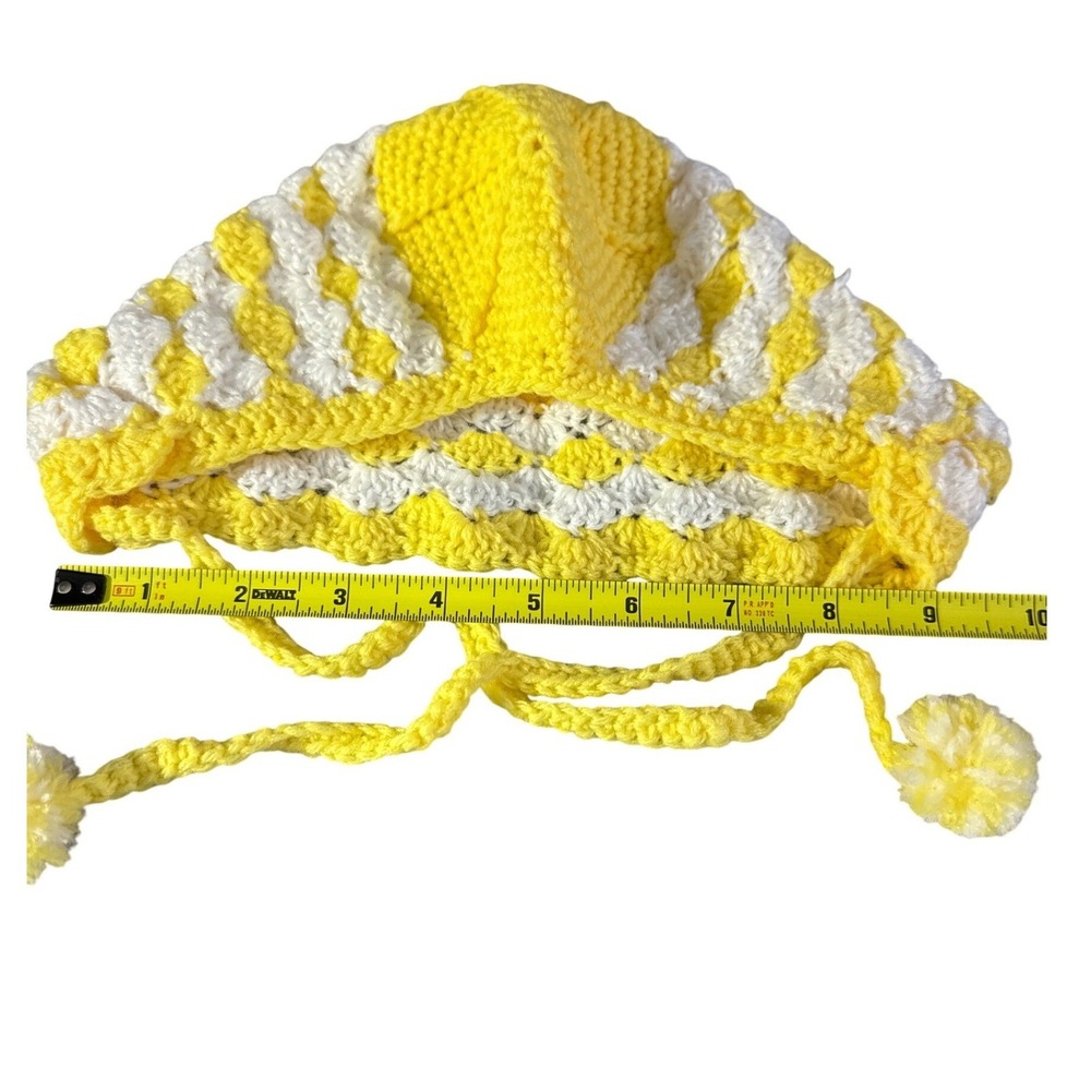 Handmade Crochet Baby Bonnet Yellow White Shell Stitch Pixie Pom Pom Hat Kids - Picture 3 of 4